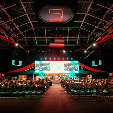 A photograph of the December 2023 Commencement ceremony held at the Watsco Center on the Coral Gables Campus