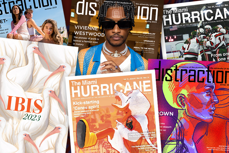 A collage of cover designs by Ibis Yearbook, Distraction magazine, and The Miami Hurricane student newspaper.